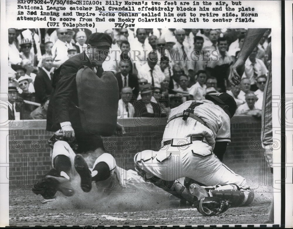 1962 Press Photo Natl League catcher Del Crandall vs Billy Moran with ump Conlan - Historic Images