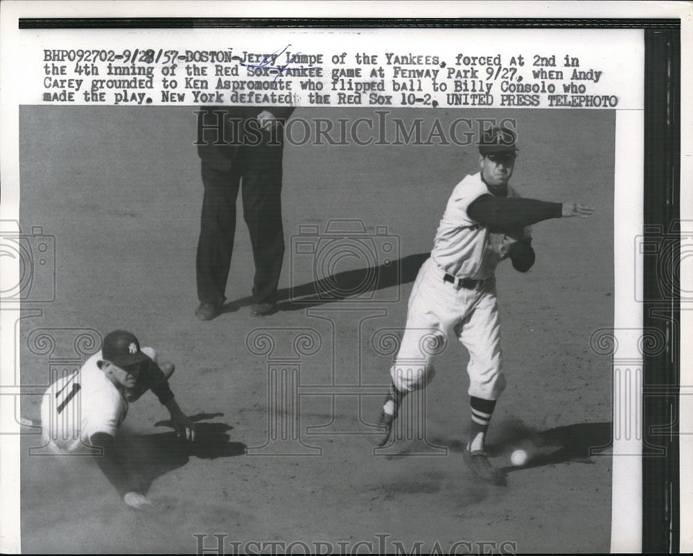 1957 Yankee Jerry Lumpe out at 2nd vs Red SoxBilly Consuelo - Historic Images