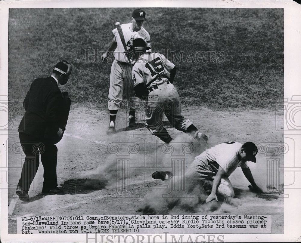 1951 Press Photo Gil Coan of Washington Senators Steals Home - Historic Images