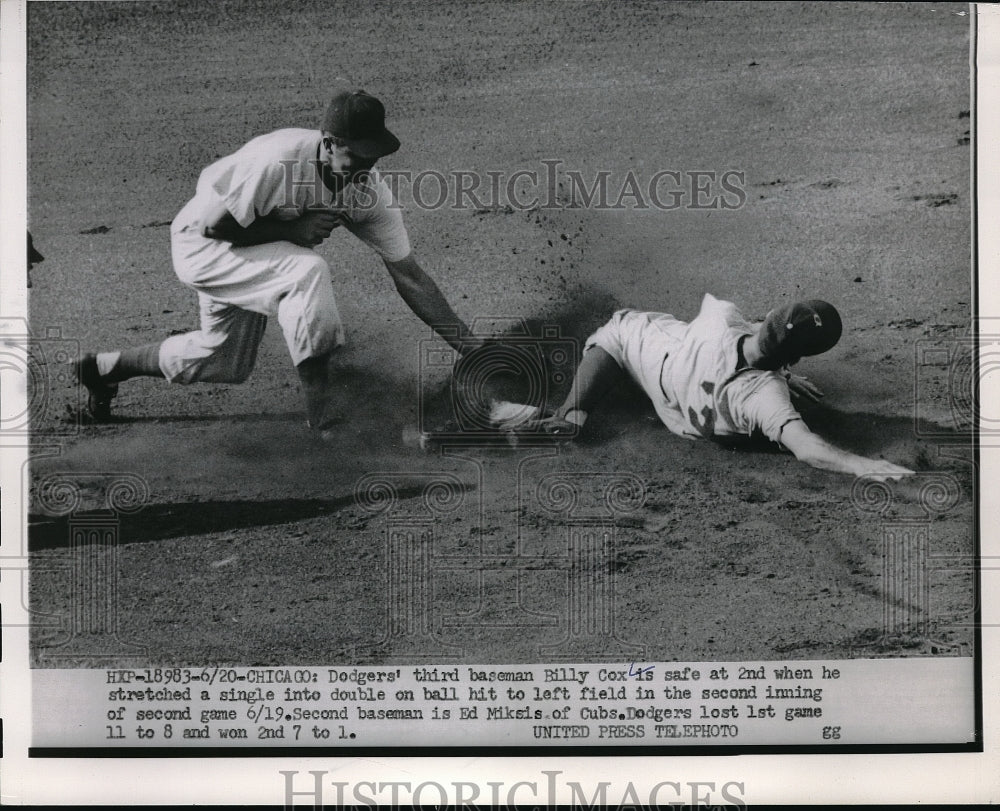 1958 Press Photo Dodger Billy Cox vs Ed Miksis of Chicago Cubs - Historic Images