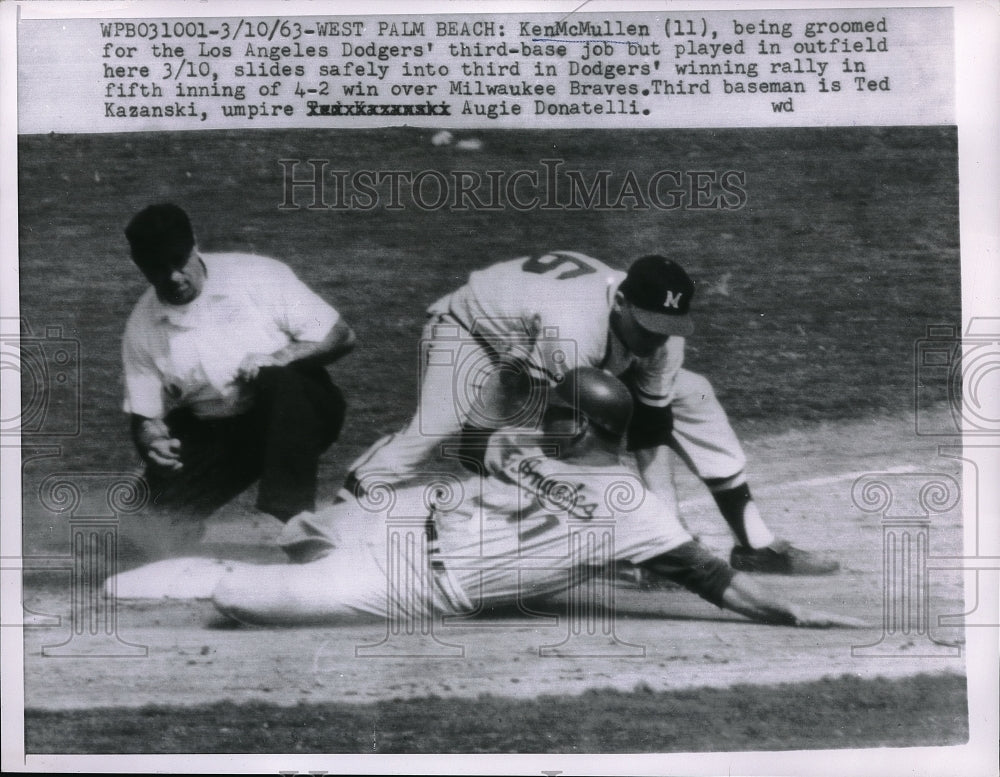 1963 Press Photo Ken McMullen Dodgers Safe At 3rd Ted Kazanski Braves MLB Game - Historic Images