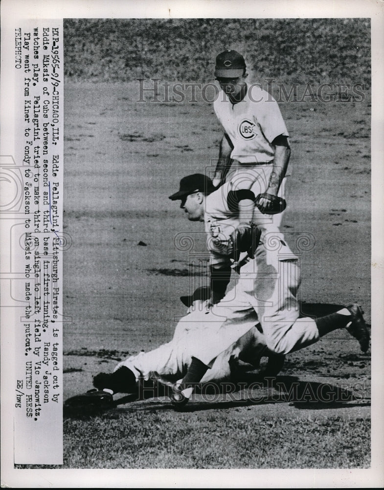 1953 Press Photo Pittsburgh Pirates Eddie Pellagrini, Cubs' Eddie Miksis, Randy-Historic Images