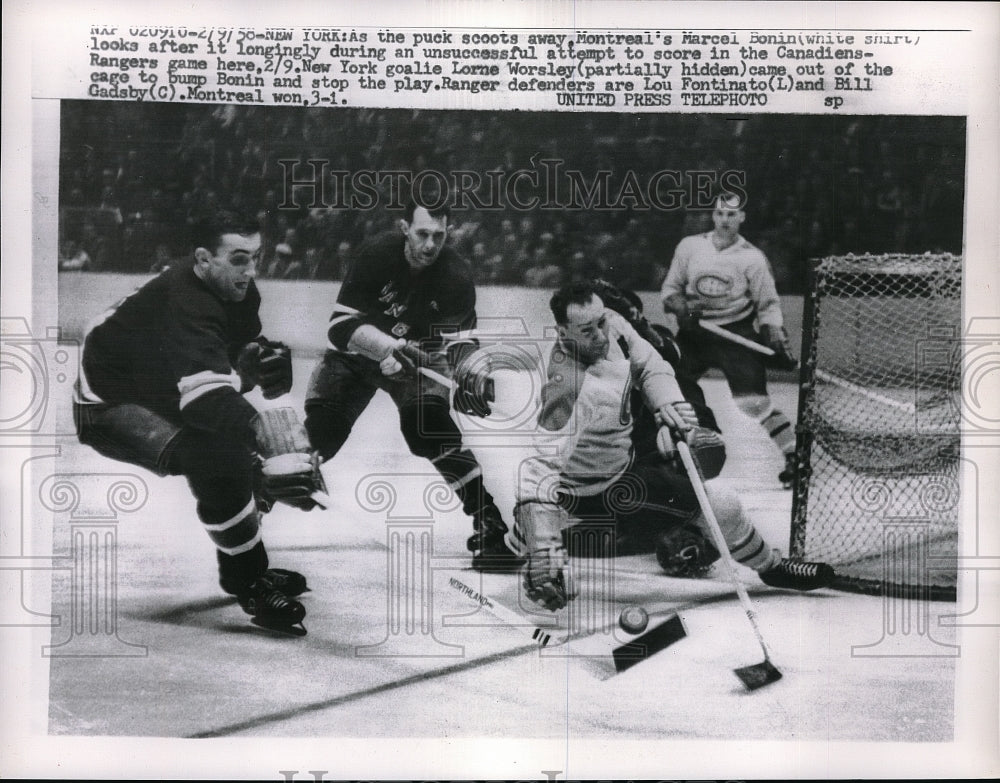 1958 Press Photo Canadien Marcel Bonin vs Rangers Lorne Worsley - Historic Images