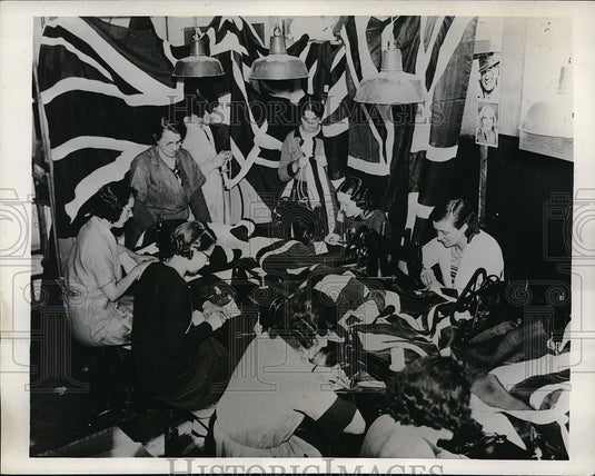 1936 Girls with flags & bunting for coronation of King Edward - Historic Images
