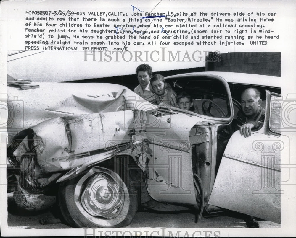 1959 Press Photo John Fancher with Wrecked vehicle - Historic Images