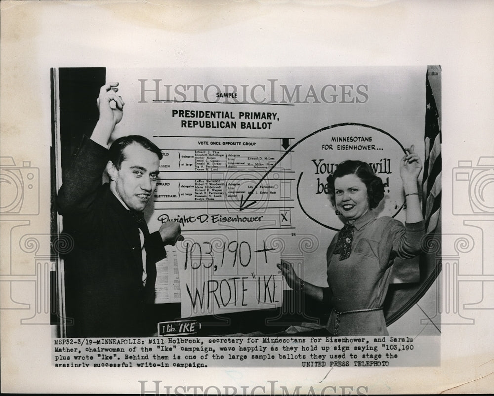 1952 Press Photo Bill Holbrook sec for Minnesotans for Eisenhower Saralu Mather - Historic Images