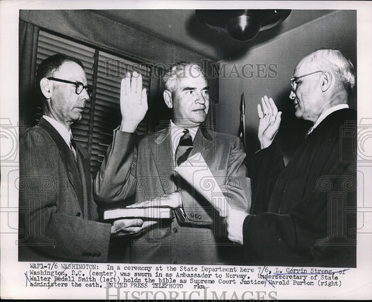 1954 Press Photo L. Corrin Strong Ambassador to Norway Harold Purton-Historic Images