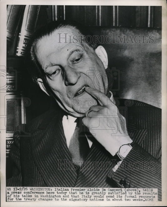 1951 Press Photo Italian Premier Alcide De Gasperi at Press Conference-Historic Images
