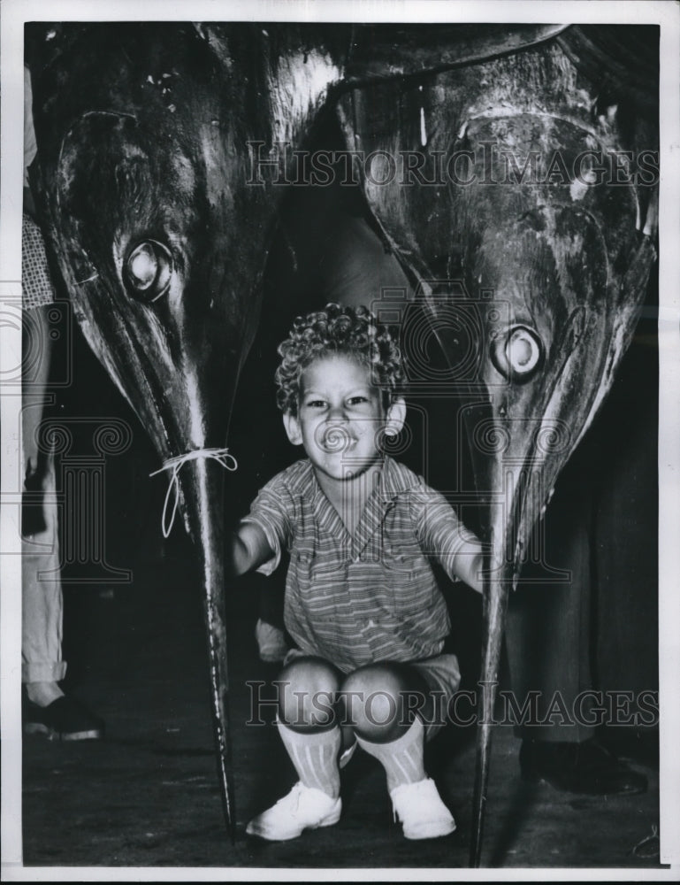 1960 Mike Alexis Jr. Between Two Huge Marlins in San Juan-Historic Images