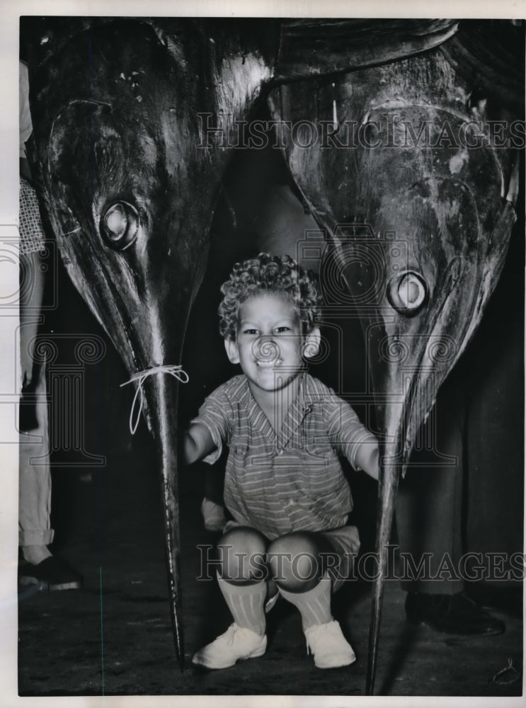 1960 Mike Alexis Jr. Between Two Blue Marlins in San Juan-Historic Images