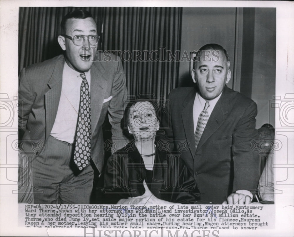 1955 Mrs.Marion Thorne with his Atty attending deposition hearing. - Historic Images