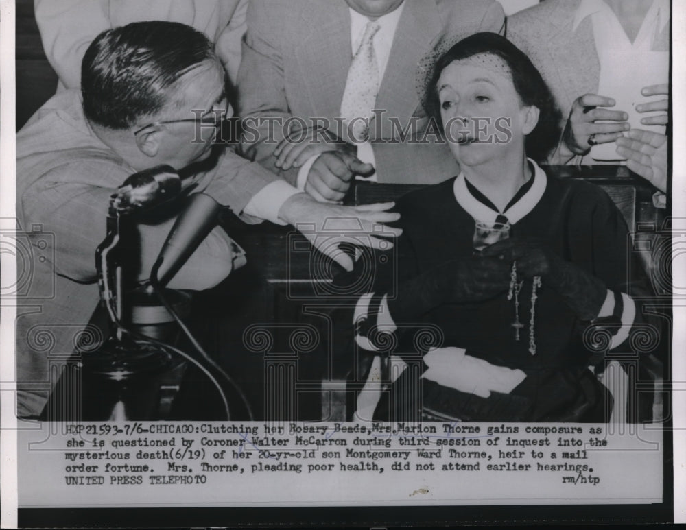 1954 Press Photo Marion Thorne questioned by Coroner during session into death.-Historic Images