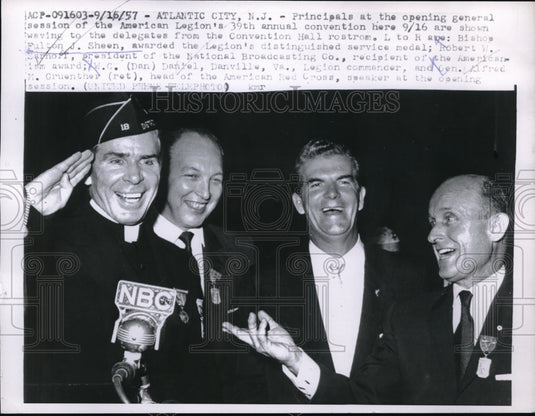 1957 Press Photo Bishops Fulton Sheen, awarded the Legion's distinguished-Historic Images