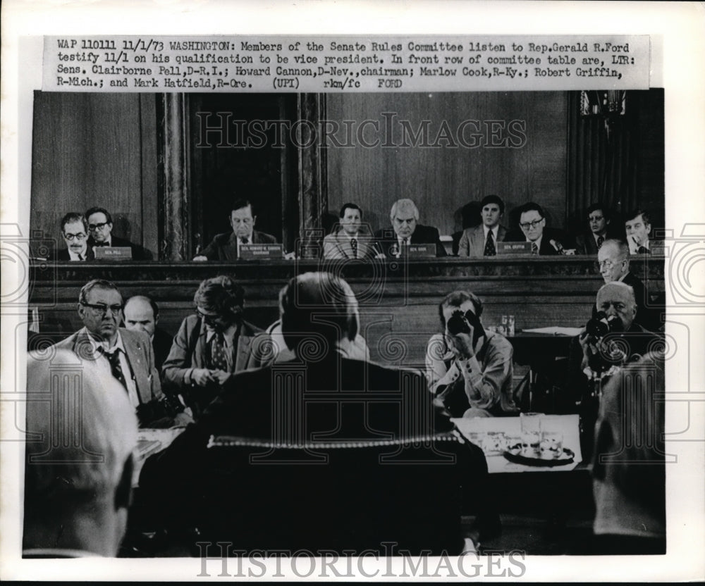 1973 Press Photo Rep. Gerald Ford Talks To Senate Rules Committee in Washington - Historic Images