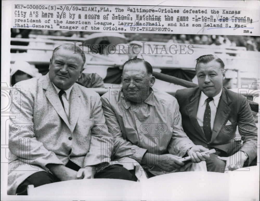 1959 Press Photo Larry McPhail &amp; Son Leland General Manager of Orioles - Historic Images