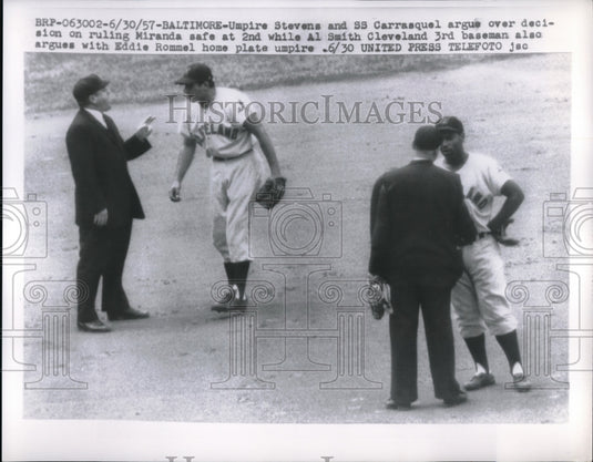 1957 S.S. Carrasquel, Al Smith, Indians,Umpire Stevens, E. Rommel - Historic Images