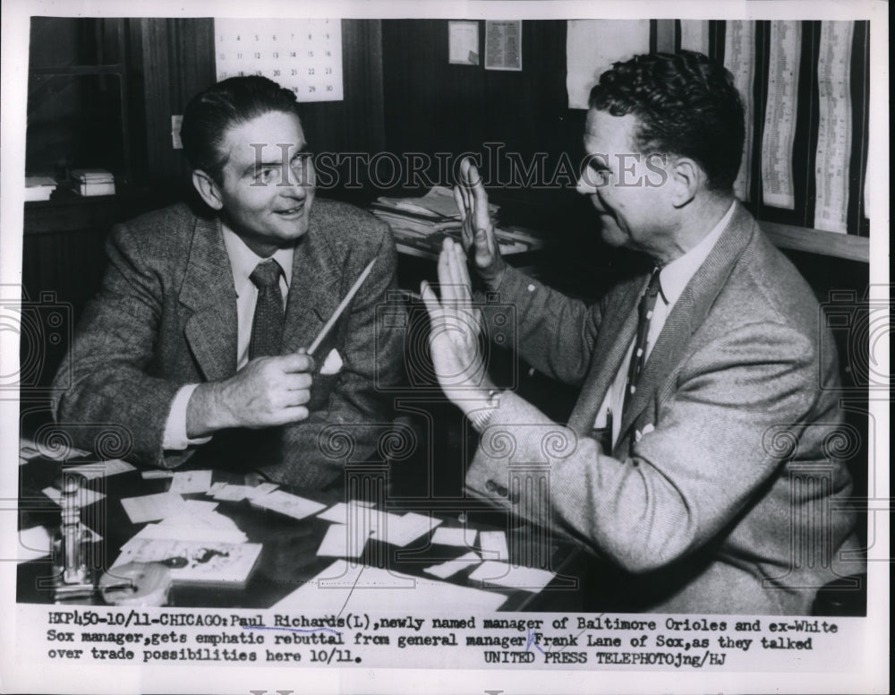 1954 Press Photo Baltimore Orioles GM Paul Richards & White Sox mgr. Frank Lane - Historic Images