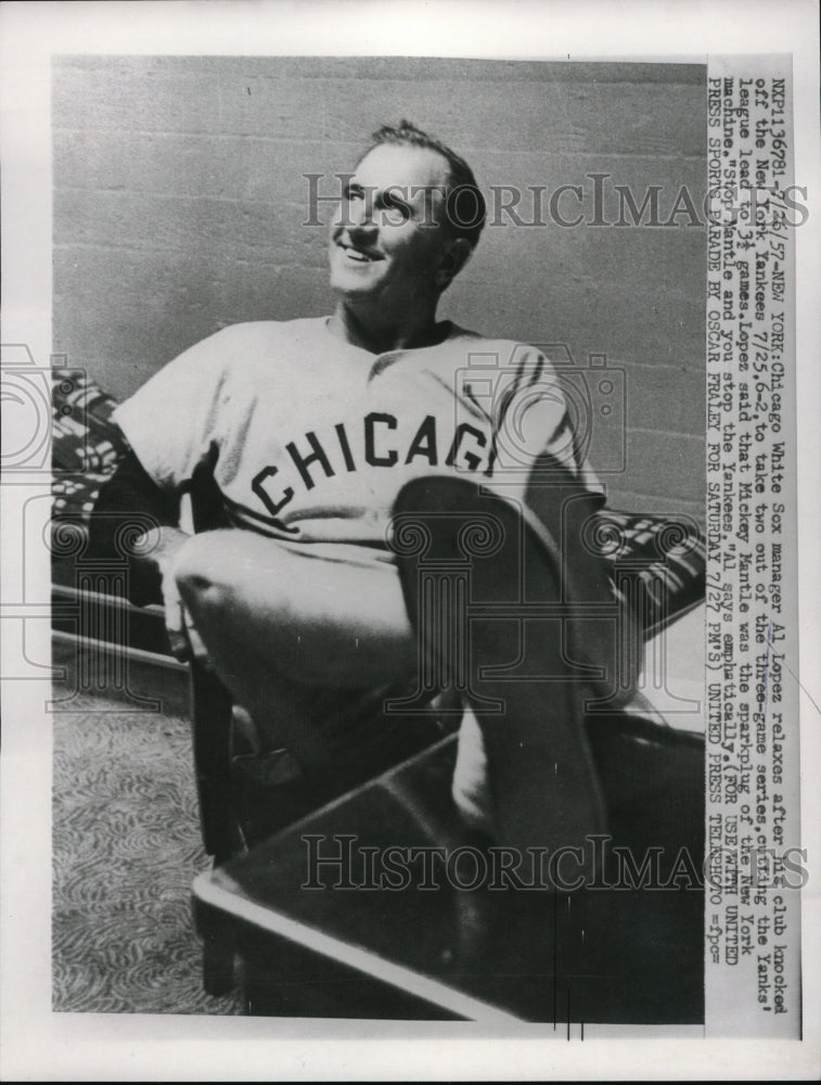 1957 Press Photo White ox Mgr. Al Lopez relaxed after a game with N.Y. Yankees. - Historic Images