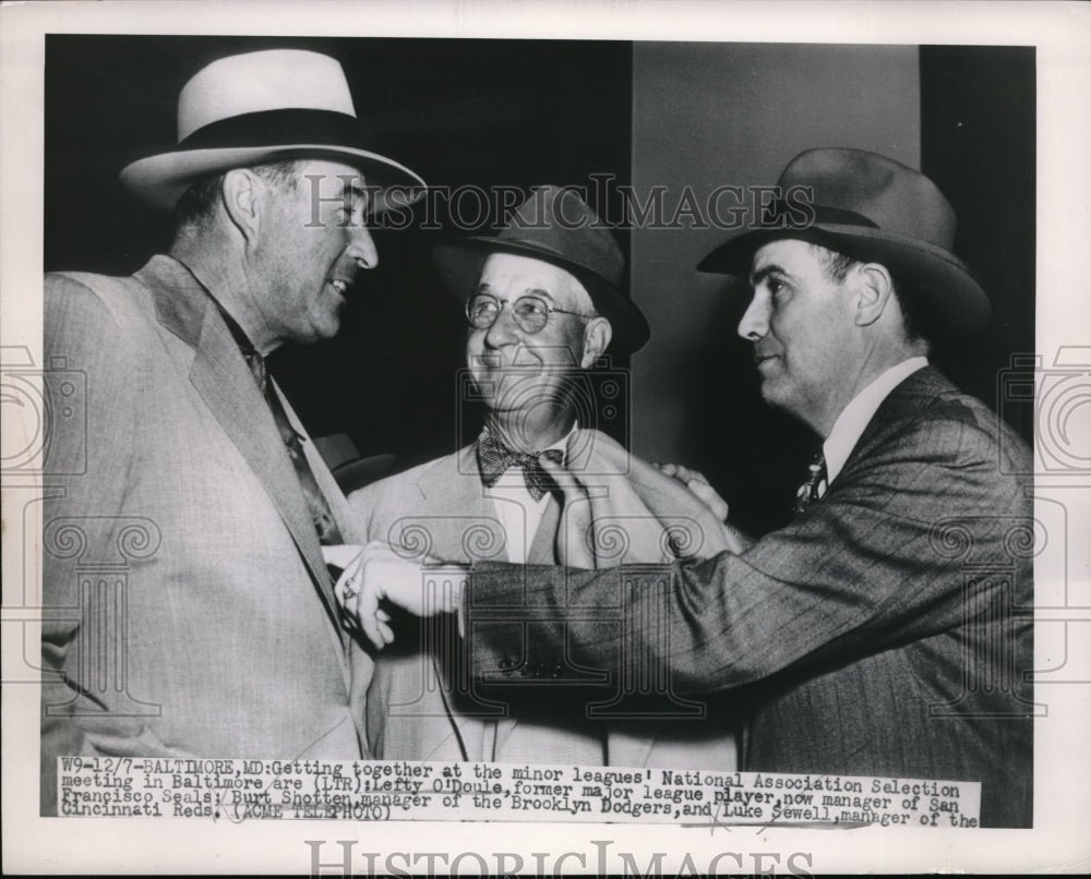 1949 Press Photo Brooklyn Dodgers Manager Burt Shotten,Lefty O'Doule,Luke Sewell - Historic Images