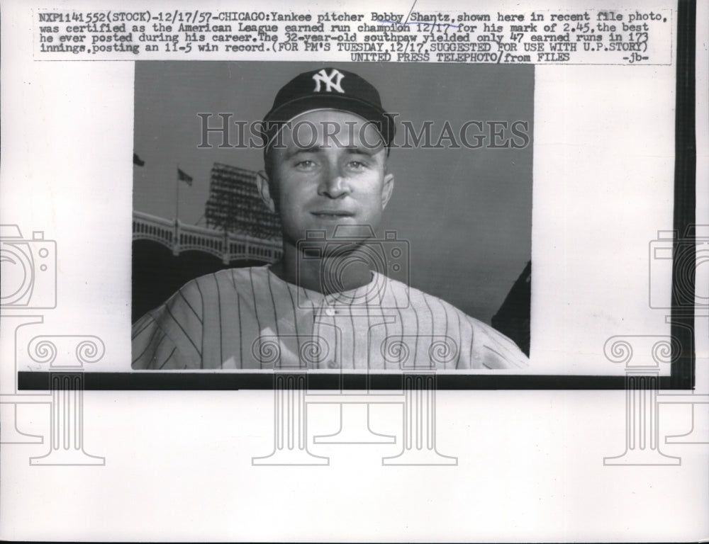 1957 Press Photo Bobby Shantz, Yankees Pitcher, American League Earned Run Champ-Historic Images