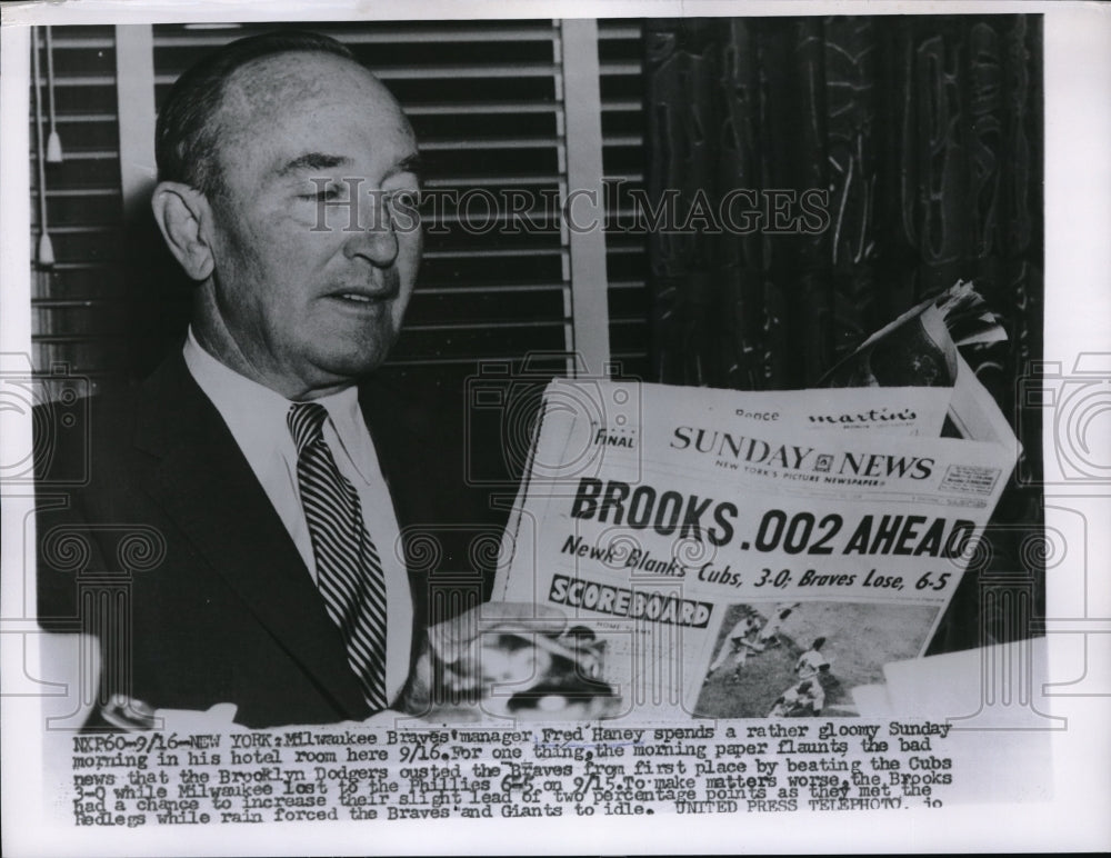 1956 Press Photo Milwaukee Braves Manager Fred Haney in New York Hotel Room - Historic Images