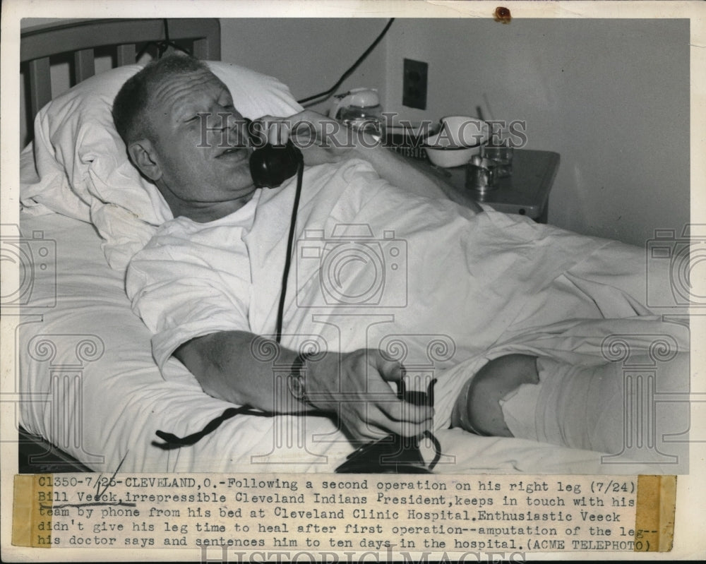 1947 Cleveland Indians owner Bill Veeck working from hospital bed - Historic Images