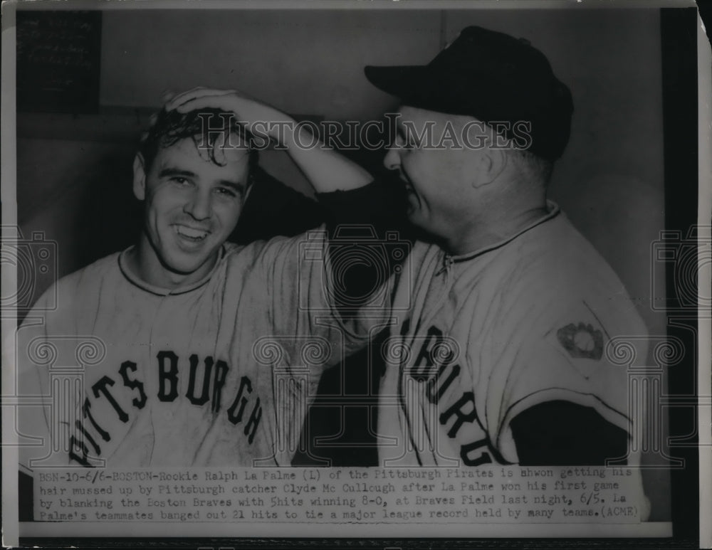 1951 Press Photo PIrates Catcher Ralph La Palme Gets Hair Ruffled By Catcher-Historic Images