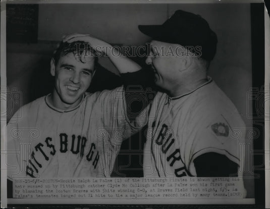 1951 Press Photo PIrates Catcher Ralph La Palme Gets Hair Ruffled By Catcher-Historic Images