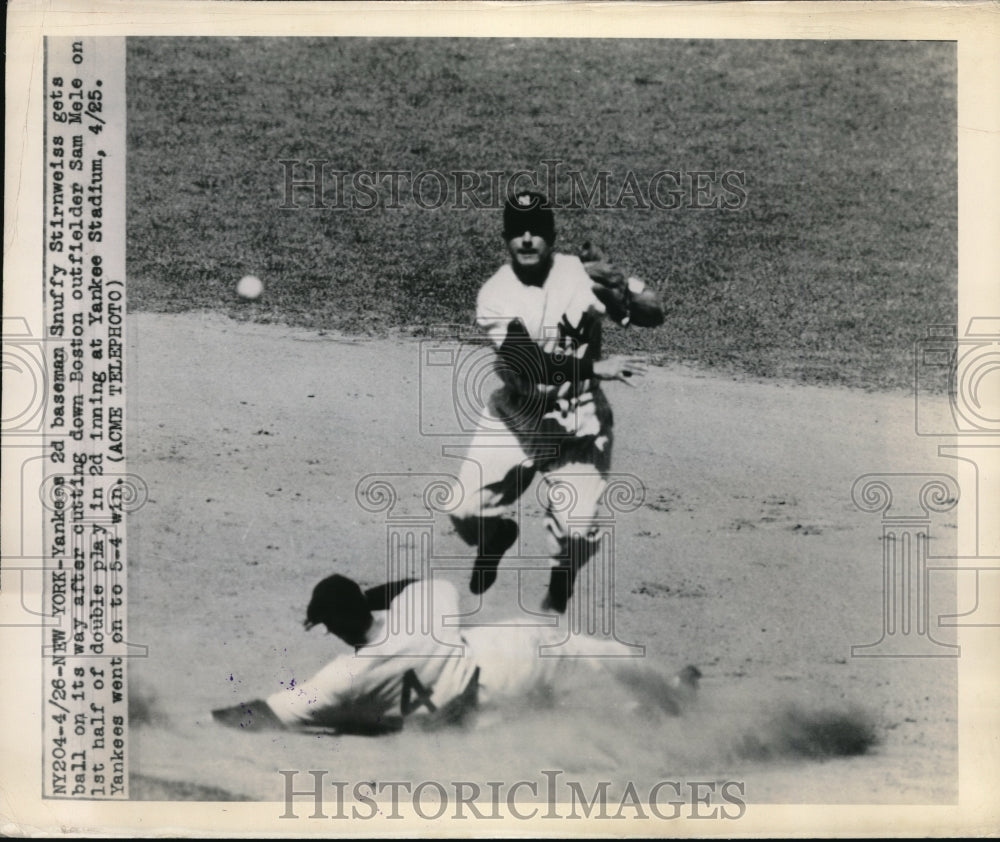 1948 Press Photo Snuffy Stirnweiss, Yankees 2nd Basemam, Sam Mele Boston Red Sox - Historic Images