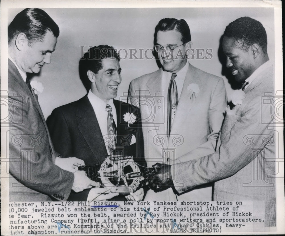 1951 Press Photo Phil Rizzuto awarded the title of Pro athlete of the year - Historic Images