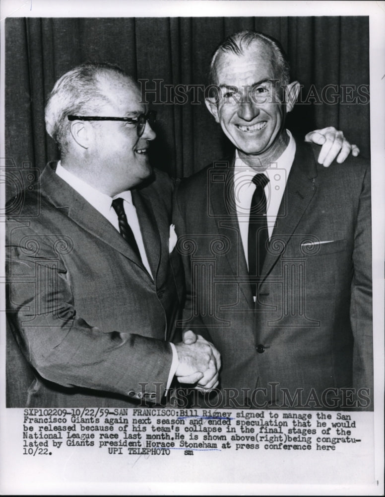 1959 Press Photo San Francisco Giants Manager Bill Rigney, Pres. Horace Stoneham - Historic Images