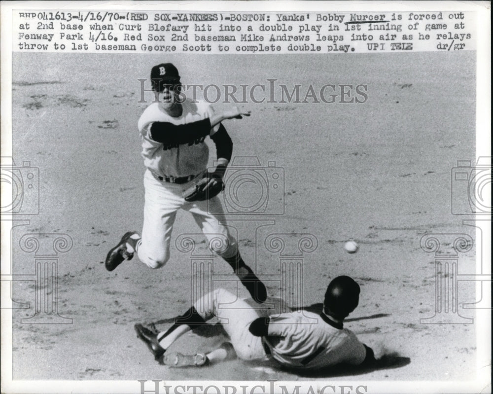 1970 Yankees Bobby Murceris out in second base against the Red Sox.-Historic Images