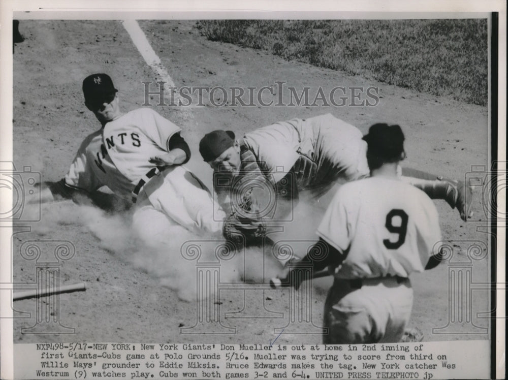 1952 Press Photo Giant Don Mueller Out At Home On Tag By Cub Bruce Edwards - Historic Images