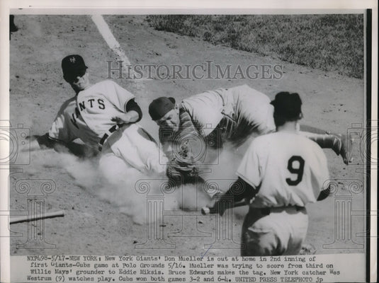1952 Press Photo Giant Don Mueller Out At Home On Tag By Cub Bruce Edwards - Historic Images