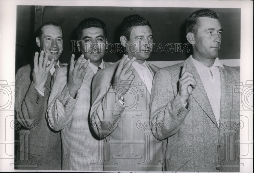 1954 Men Stand In Line Holding Up Fingers For A Count-Historic Images