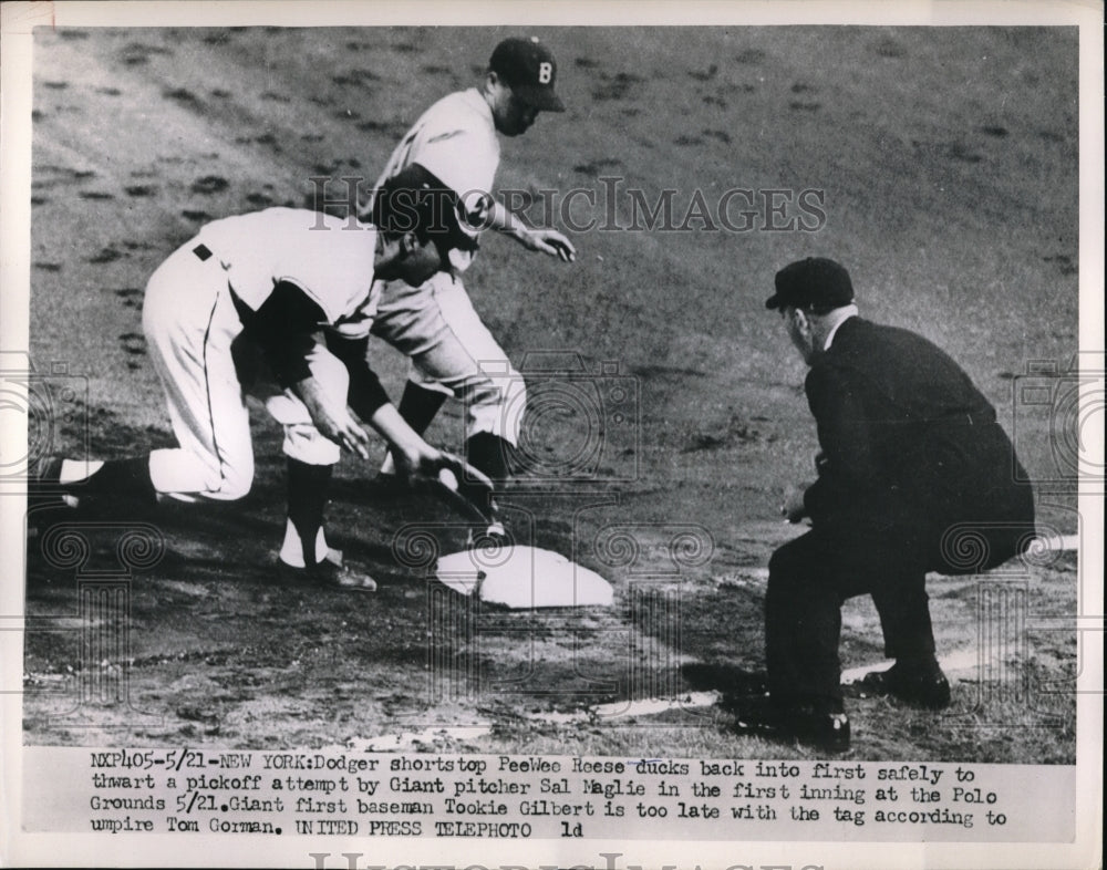 1953 Brooklyn Dodgers Shortstop Peewee Reese Ducks Back Into 1st-Historic Images