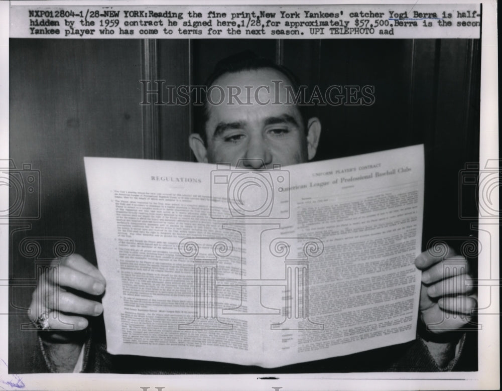 1959 Catcher Yogi Berra Half Hidden By Contract Signed W/ NY Yankees-Historic Images