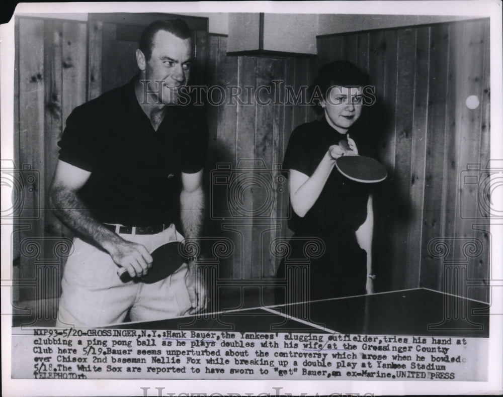 1955 Press Photo New York Yankee outfielder Hank Bauer plays ping pong with wife-Historic Images