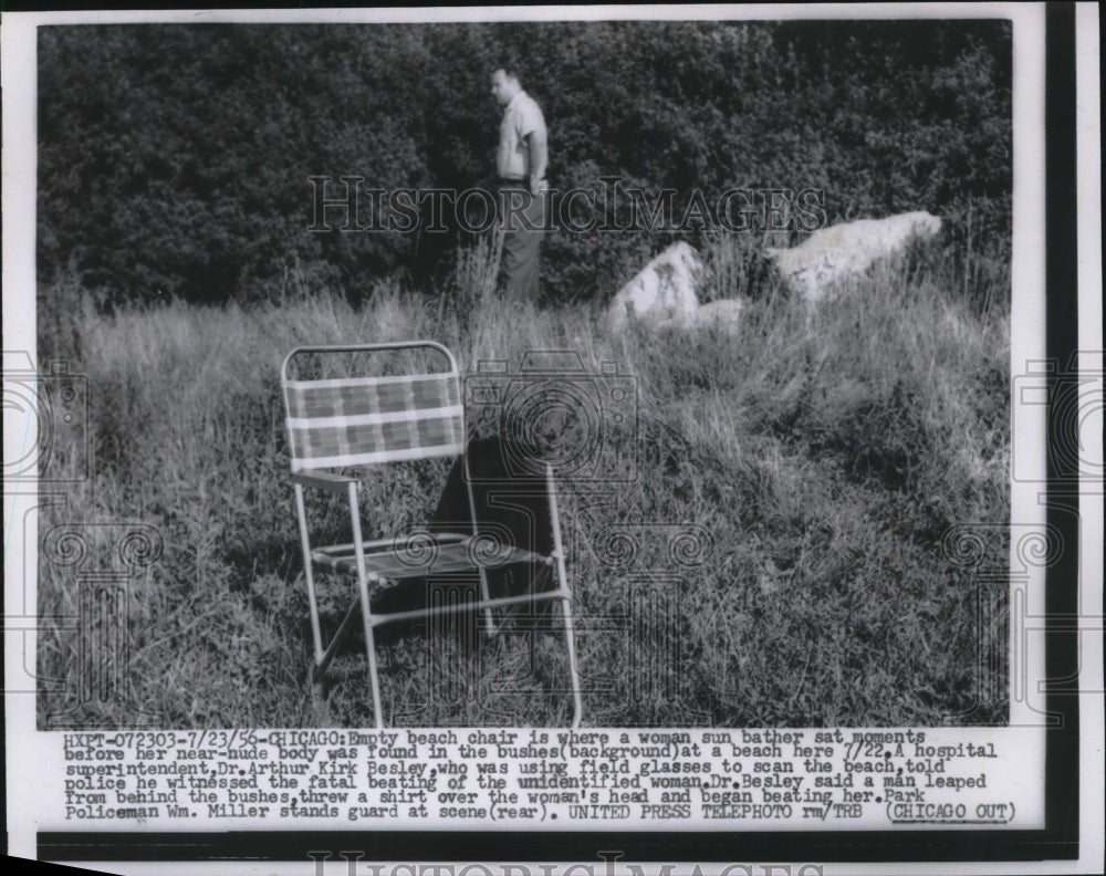 1956 Press Photo Empty Beach chair where sub bather body found - Historic Images