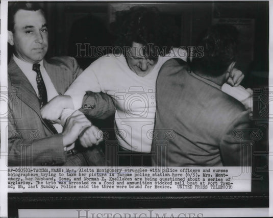 1956 Press Photo Mrs Aleita Montgomery & police arrest for Tacoma WA burglary - Historic Images