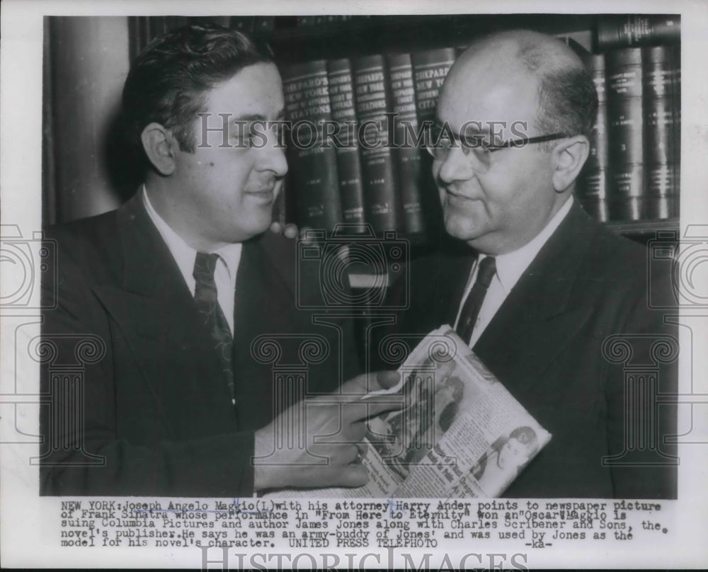 1954 Press Photo Joseph Angelo Maggio &amp; attorney Harry Ander suing Columbia-Historic Images