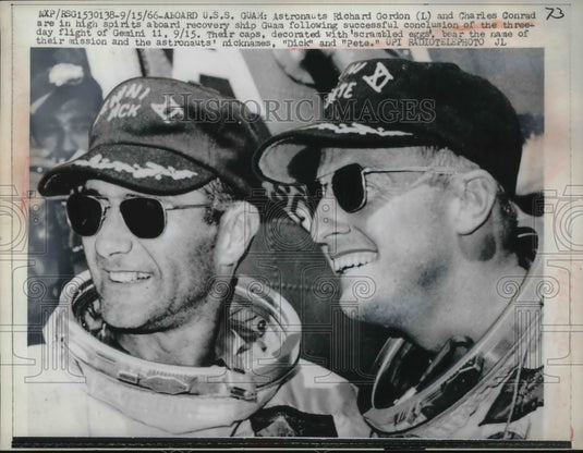 1966 Press Photo Astronauts Richard Gordon, Charles Conrad on the USS Guam-Historic Images
