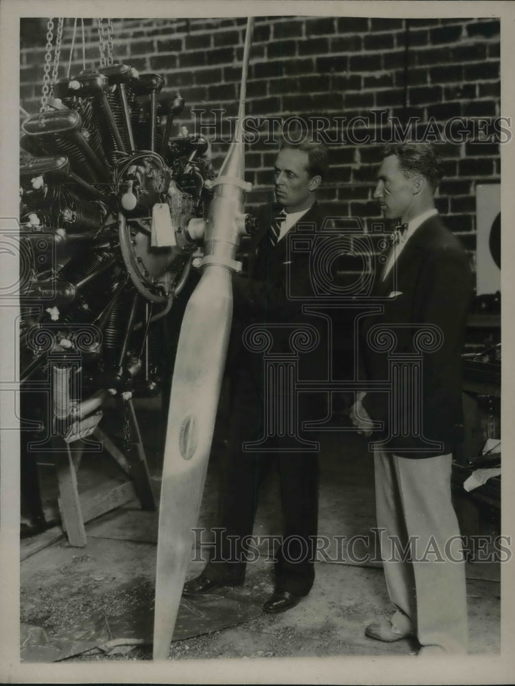 1927 Captain Giffin &amp; Mr Lundgron Examining Huge Whirlwind Motor-Historic Images