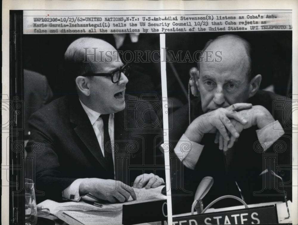 1962 Press Photo Adlai Stevenson Listens To Mario Garcia Inchaustegui - Historic Images