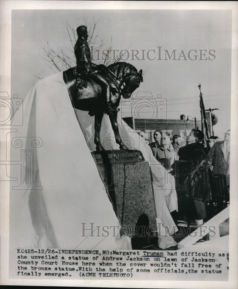 1950 Press Photo Margaret Truman unveiled a statue of Andrew Jackson-Historic Images