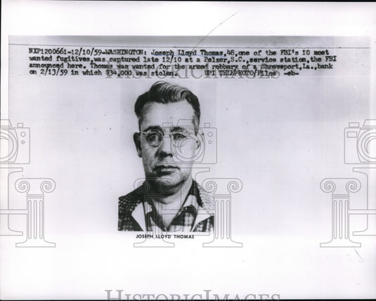 1959 Press Photo Joseph Lloyd Thomas FBI most wanted fugitive captured Palmer SC - Historic Images