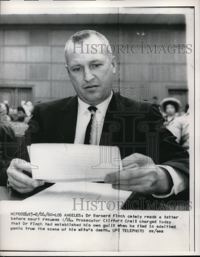 1960 Press Photo Dr Bernard Finch trial in Los Angeles for his wife&#39;s murder - Historic Images