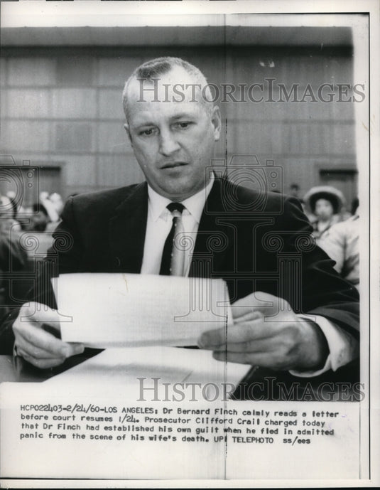 1960 Press Photo Dr Bernard Finch trial in Los Angeles for his wife's murder - Historic Images