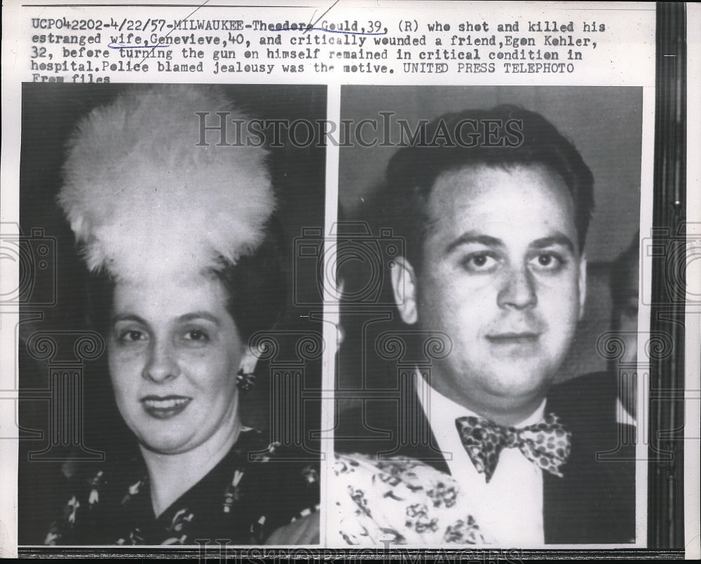 1957 Theodore Gould shoots wife, Genevieve, Egon Kehler, then self - Historic Images