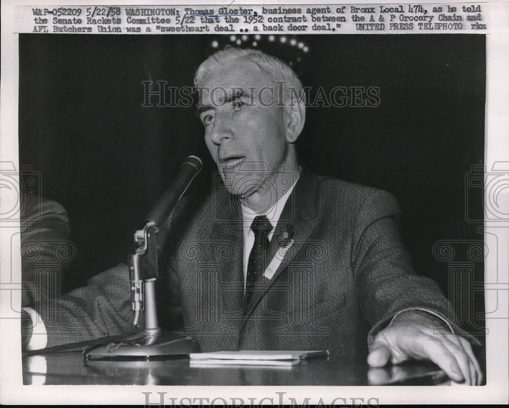 1958 Press Photo Thomas Gloster of Bronx Local 474 at Senate Rackets hearing - Historic Images